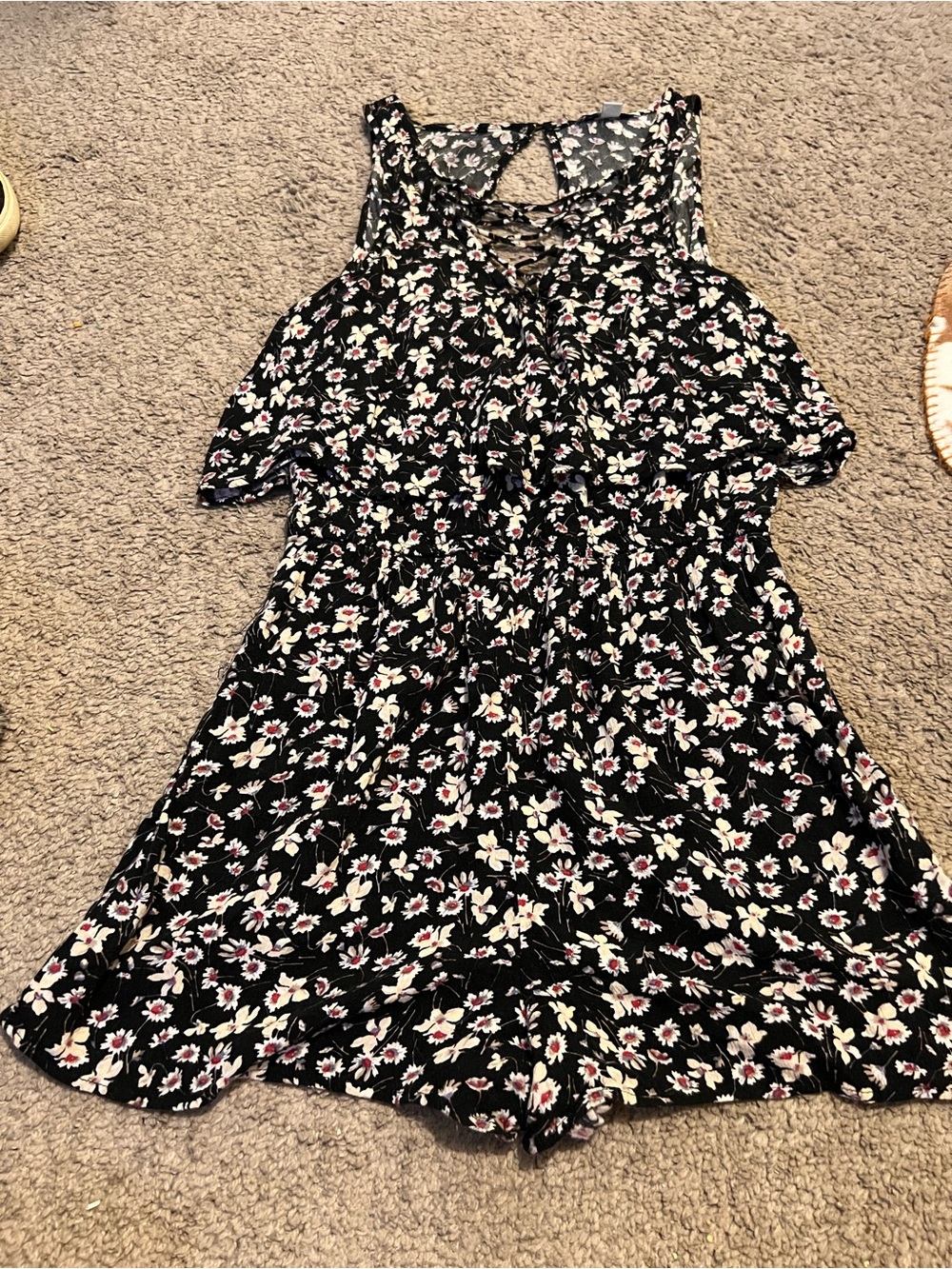American Eagle Outfitters Black Floral Lace-Up Romper with Pink Accents